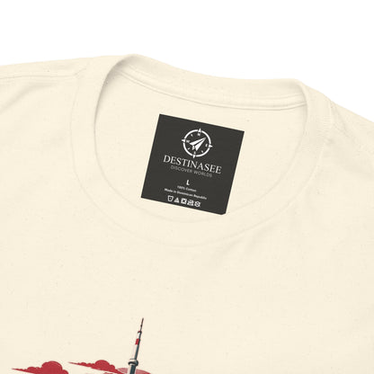 Natural T-shirt close-up: neck label and partial Toronto skyline graphic