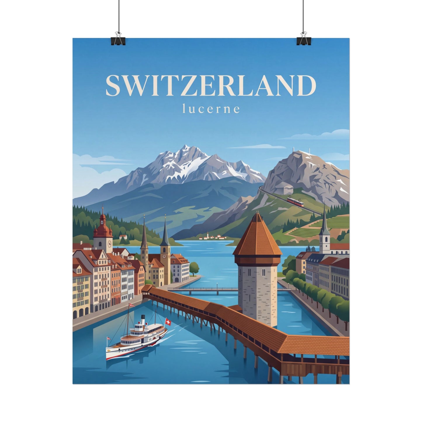 Lucerne Switzerland rolled poster hanging up, showing blue lake, mountains, and bridge