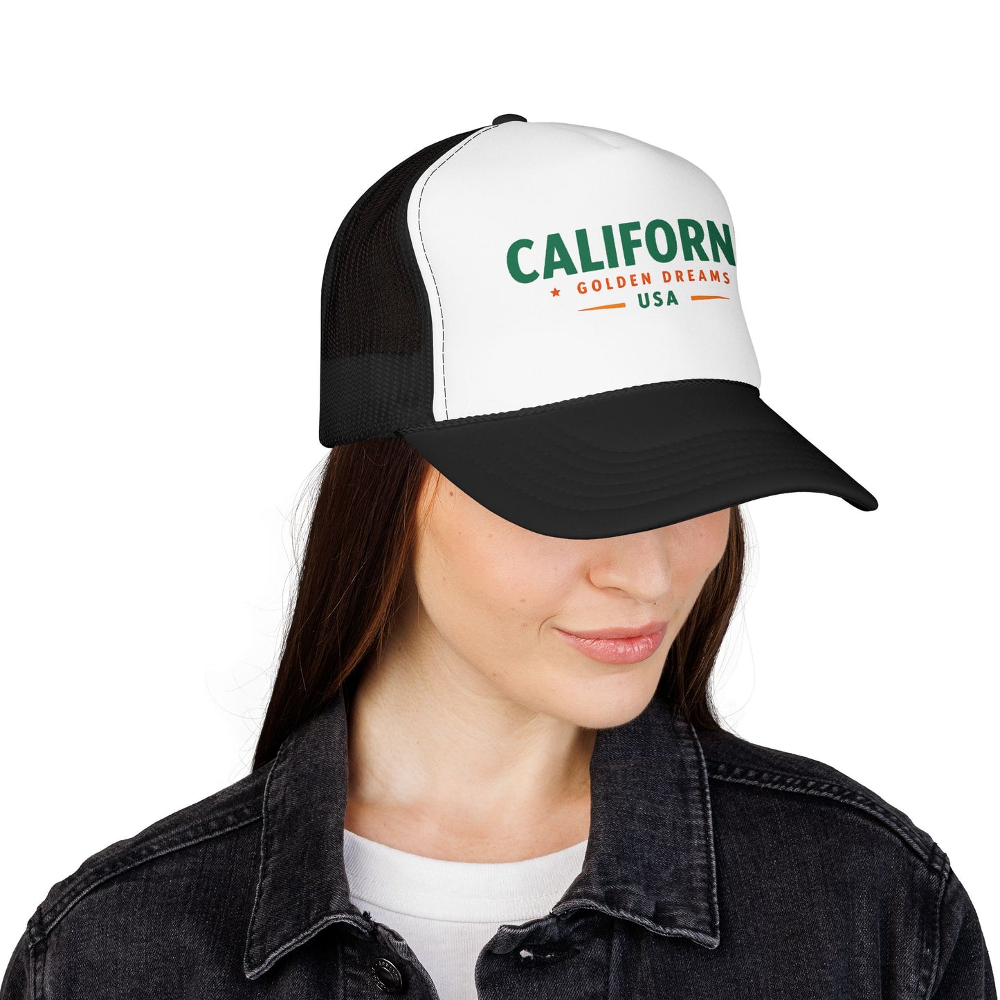 White and black trucker hat with front logo and mesh side panels, worn by model