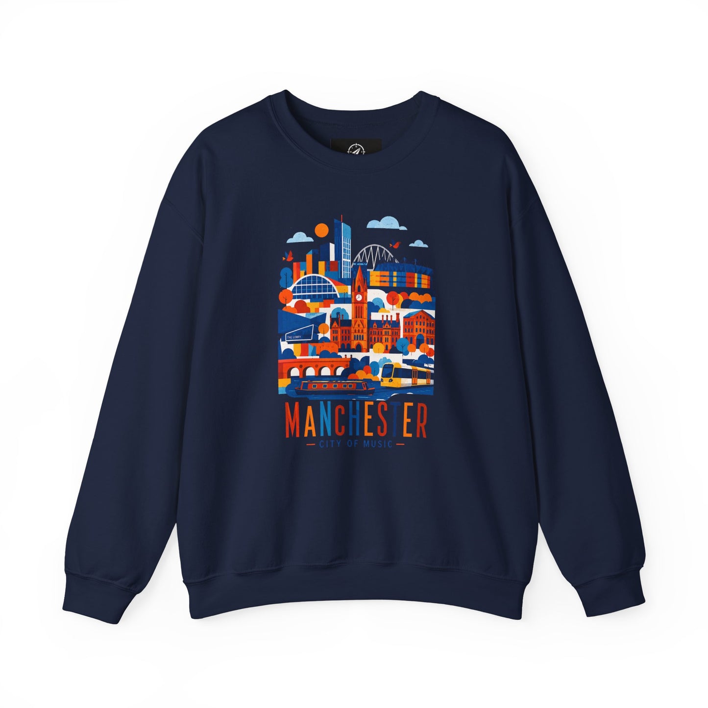 Navy crewneck sweatshirt with Manchester cityscape graphic print on the front