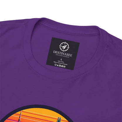 Purple crewneck T-shirt with small neck label and partial retro city graphic