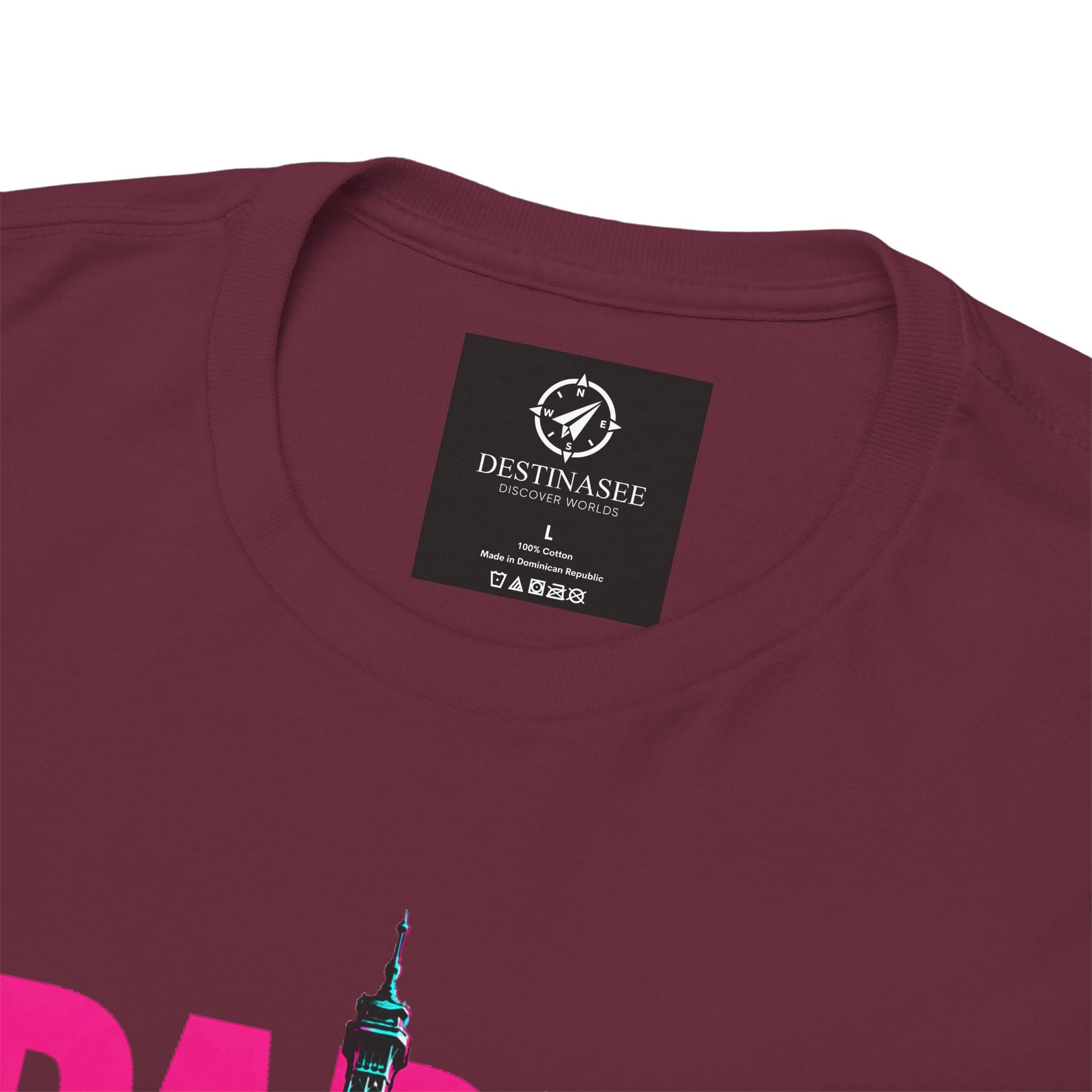 Maroon crewneck t-shirt close-up of neck label with partial neon Eiffel Tower graphic