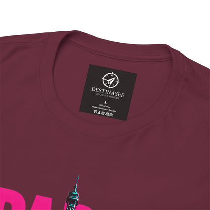 Maroon crewneck t-shirt close-up of neck label with partial neon Eiffel Tower graphic