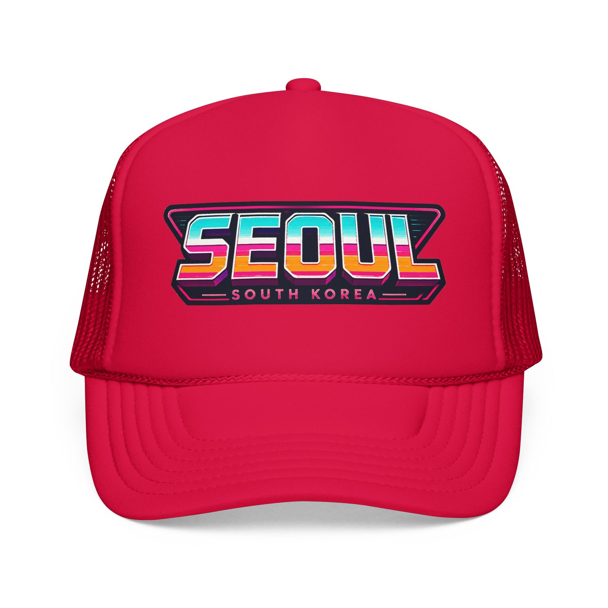 Red trucker hat with SEOUl South Korea logo patch on the front panel