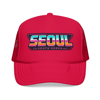 Red trucker hat with SEOUl South Korea logo patch on the front panel