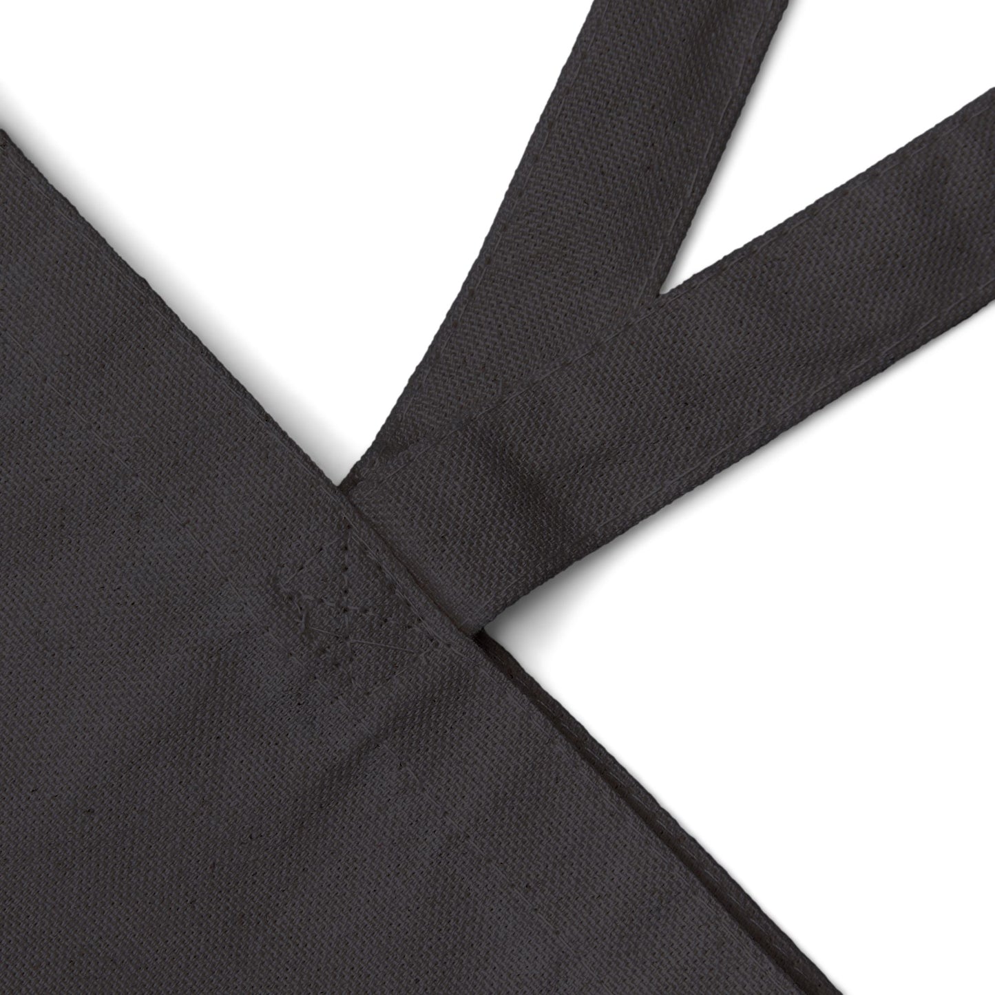 Close-up of black canvas tote strap and stitched seam