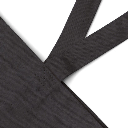 Close-up of black canvas tote strap and stitched seam