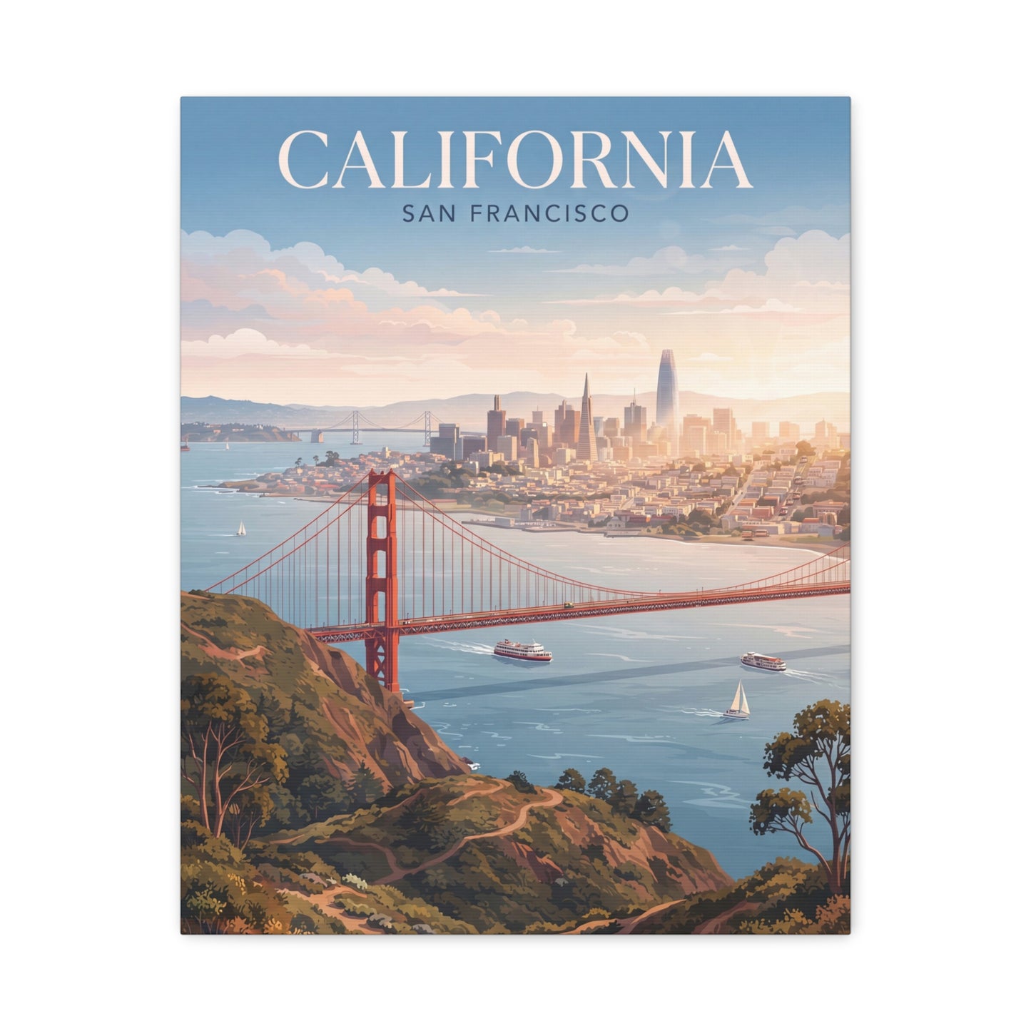 Golden Gate Bridge canvas wall art showing hills, red bridge, and San Francisco skyline