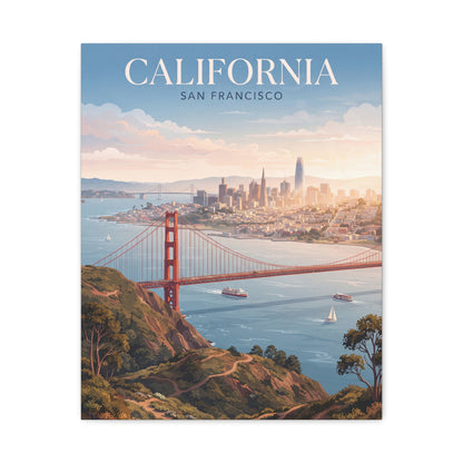 Golden Gate Bridge canvas wall art showing hills, red bridge, and San Francisco skyline