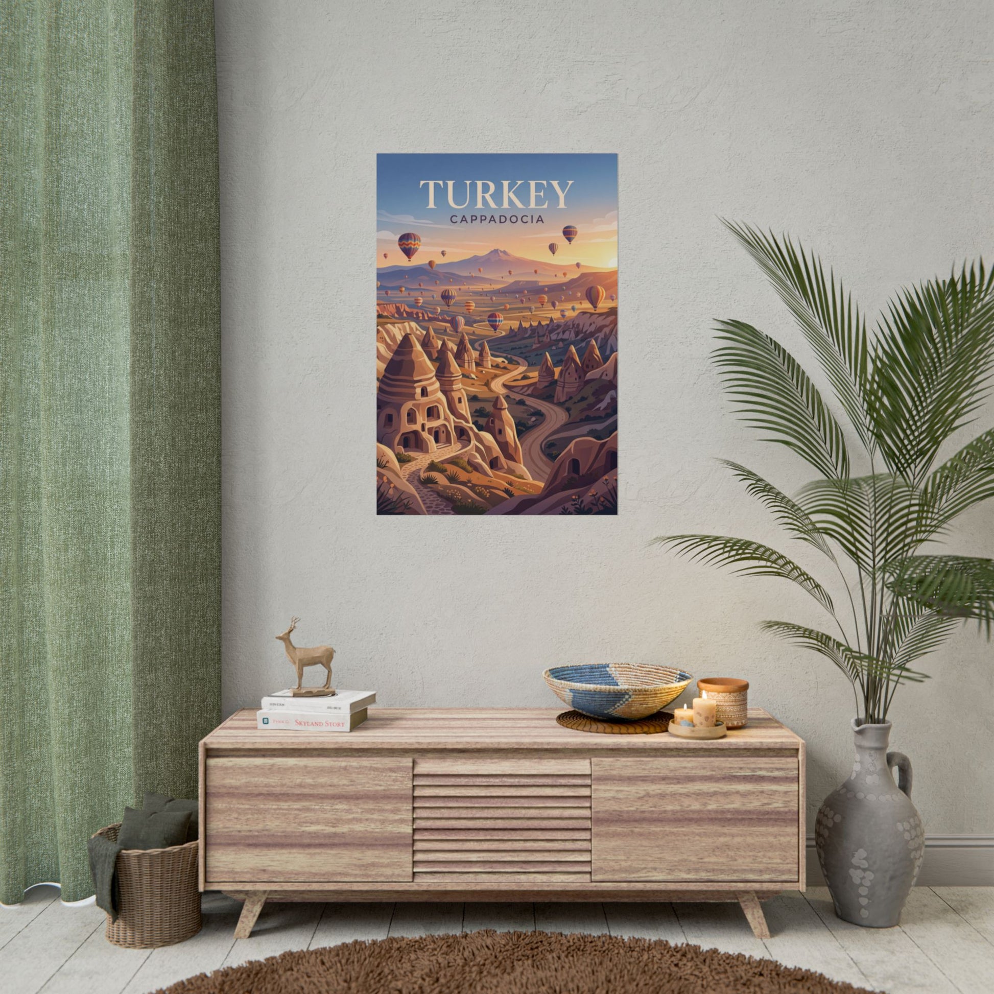 Cappadocia rolled poster on wall, small Turkey landscape with balloons over mountains