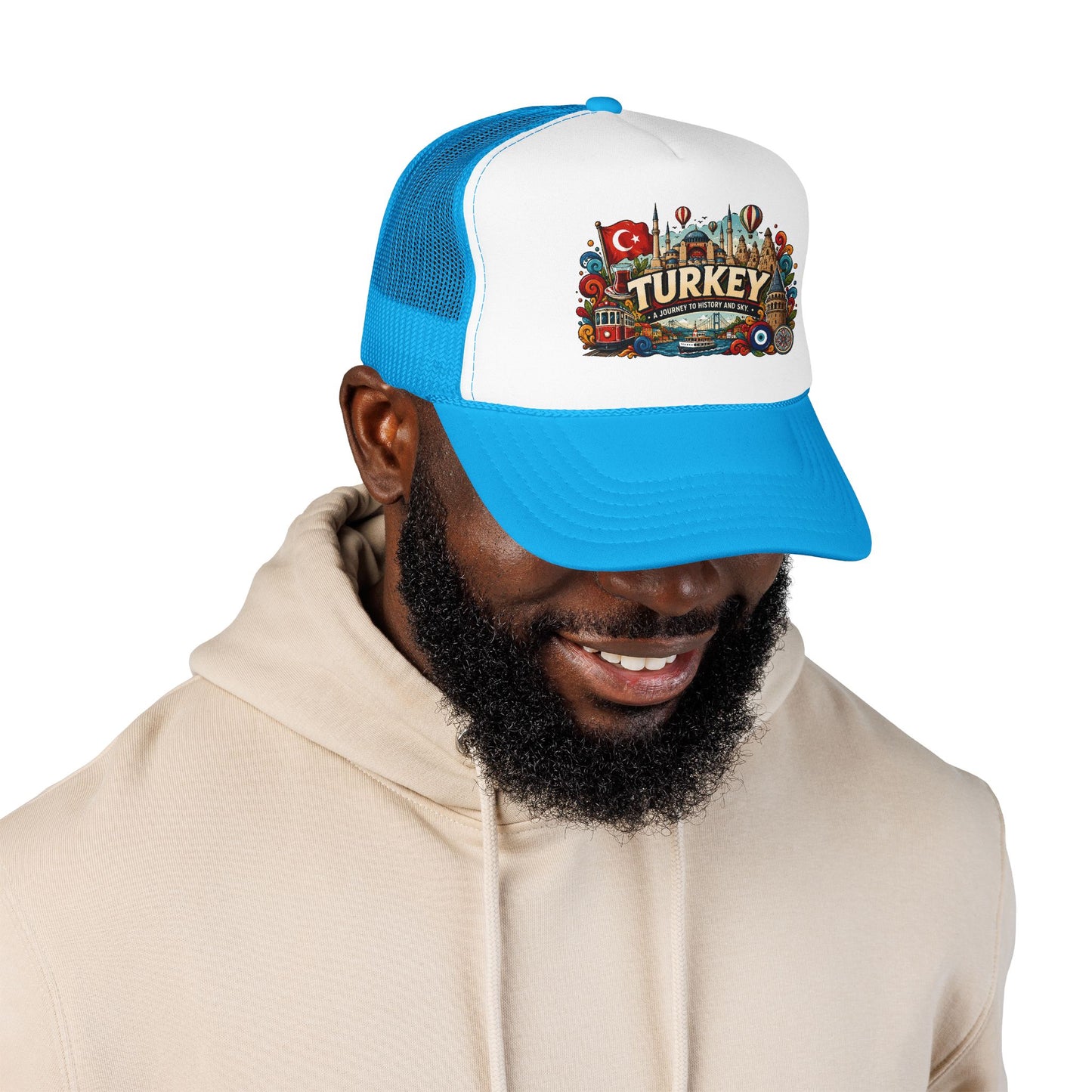 Blue-and-white trucker hat with mesh back and Turkey logo patch; man wearing it