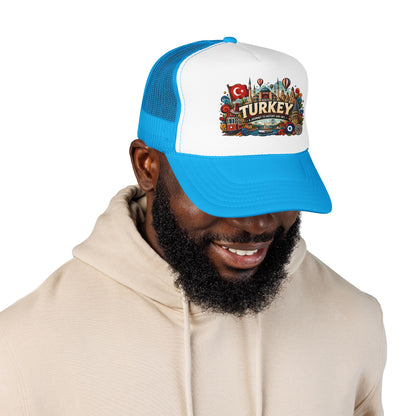 Blue-and-white trucker hat with mesh back and Turkey logo patch; man wearing it