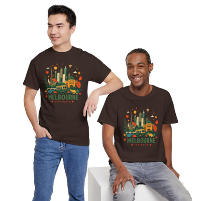 Brown Melbourne skyline t-shirt on two men, front print with city skyline and “Melbourne Australia”