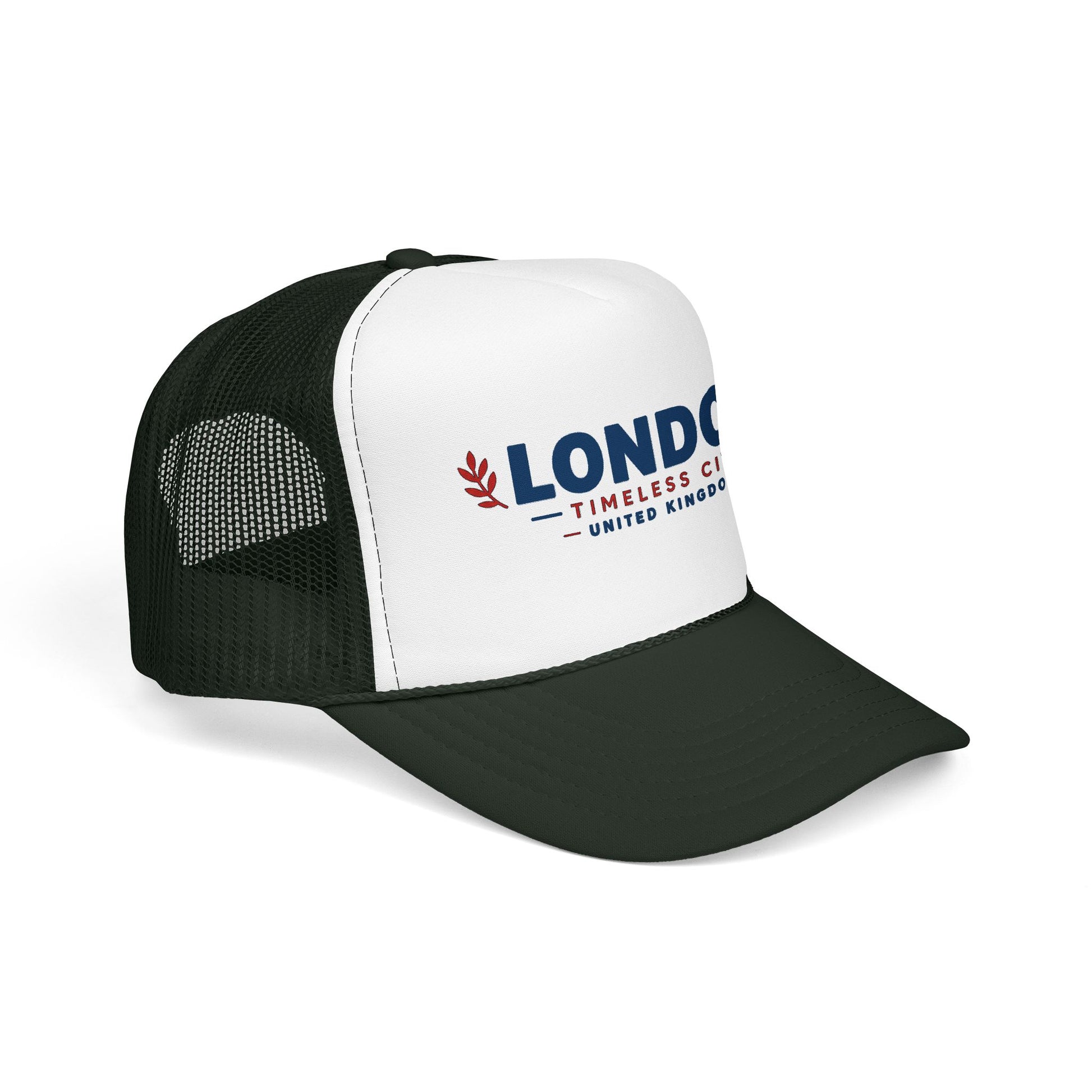 White-front dark-green trucker hat with black mesh back and “LONDON” logo