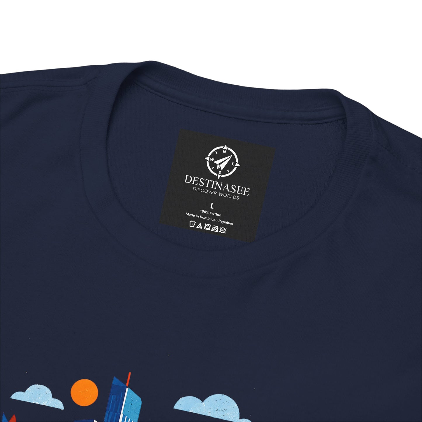Navy crewneck t-shirt with small tag label and partial skyline graphic