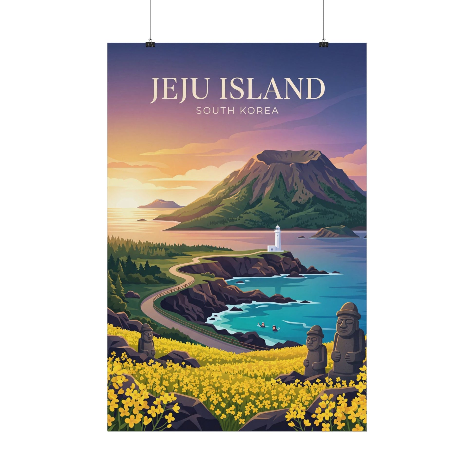 Jeju Island rolled poster with mountain, coastline, yellow flowers, and lighthouse