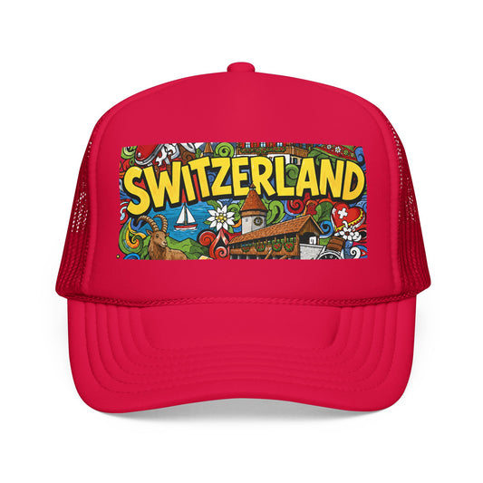 Red trucker hat with colorful “SWITZERLAND” doodle graphic front panel.