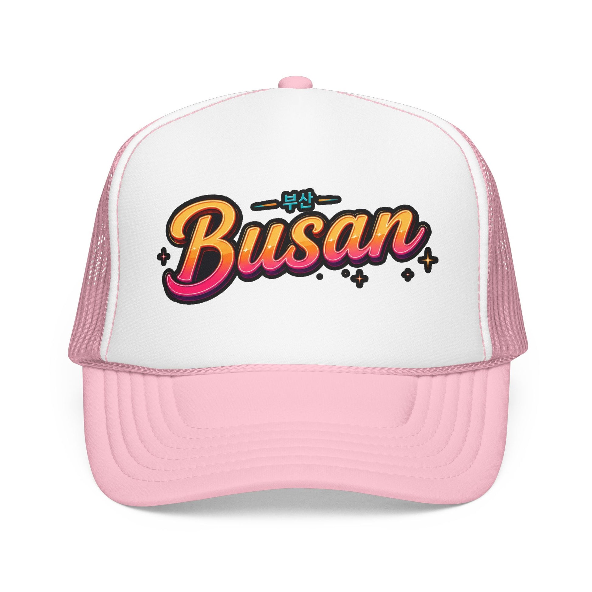 Light pink and white trucker hat with “Busan” front logo and mesh side panels