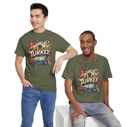 Olive green Turkey graphic t-shirt on two men, colorful front print, short sleeves