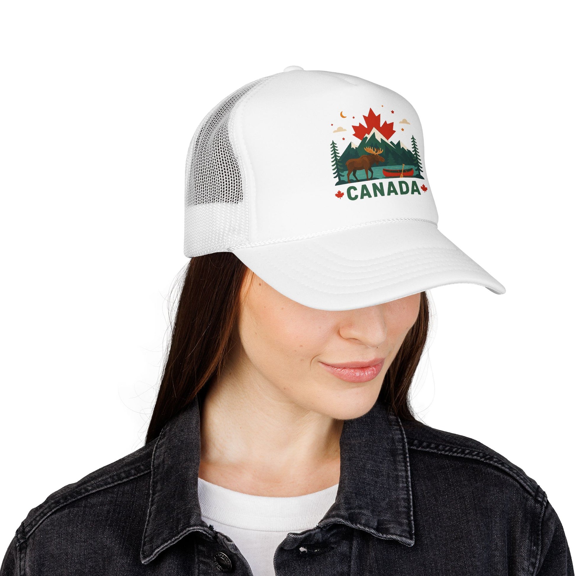 White Canada moose trucker hat with white mesh back and Canada emblem front patch