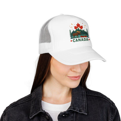 White Canada moose trucker hat with white mesh back and Canada emblem front patch