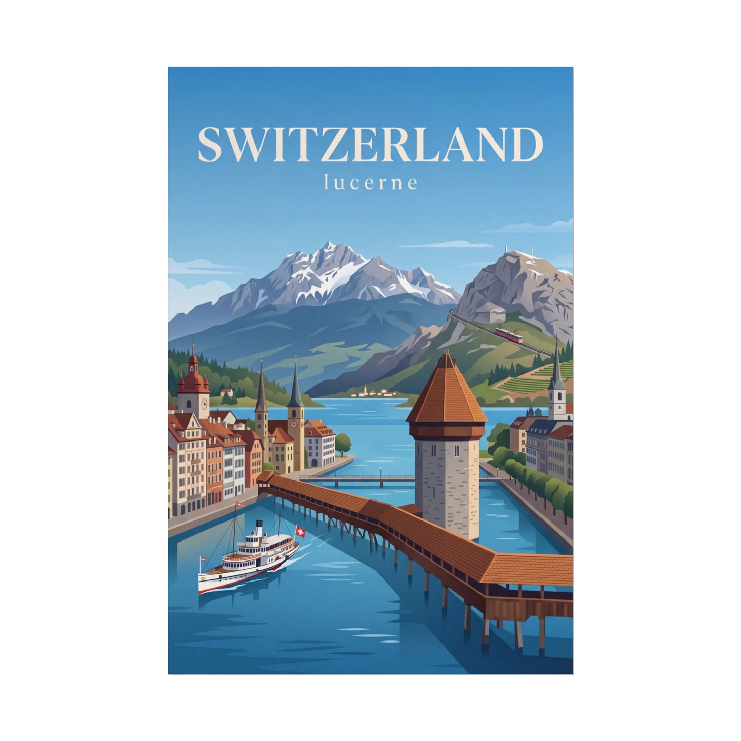 Rolled Switzerland poster with blue landscape, mountains, lake, and towers design