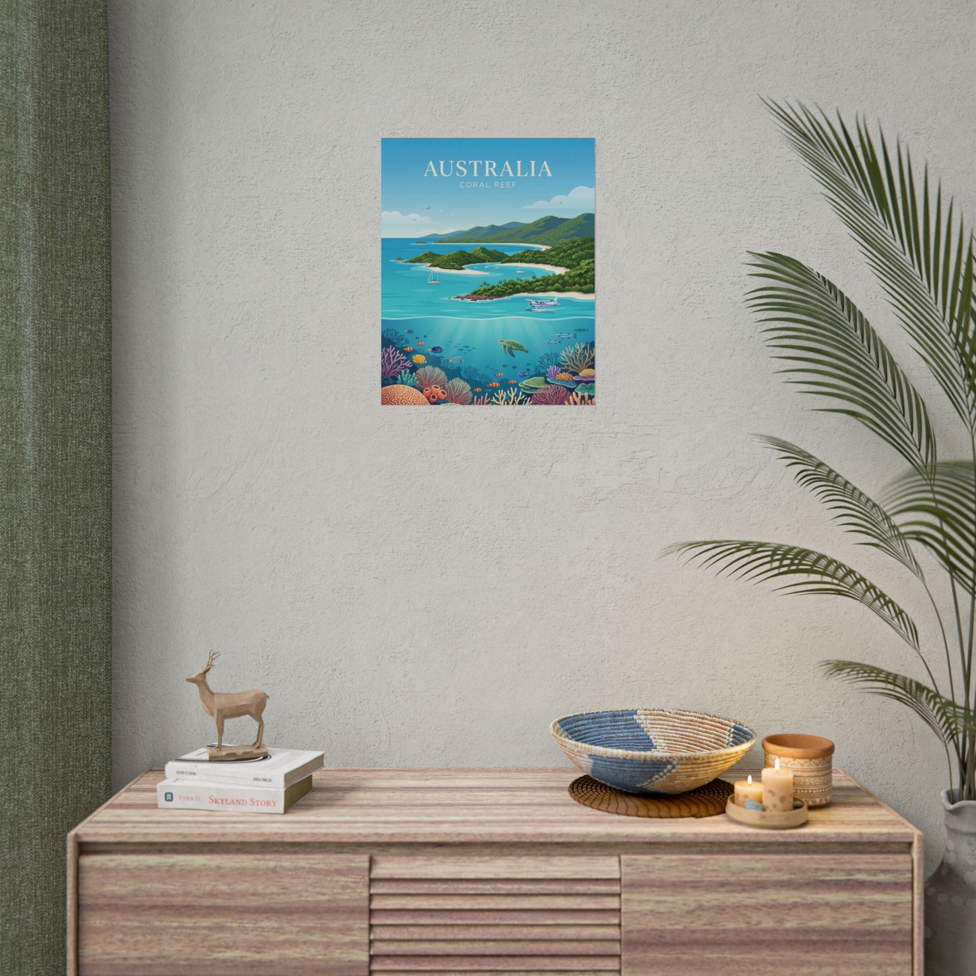 Australia coral reef rolled poster on wall, showing turquoise sea, reef corals, and islands.