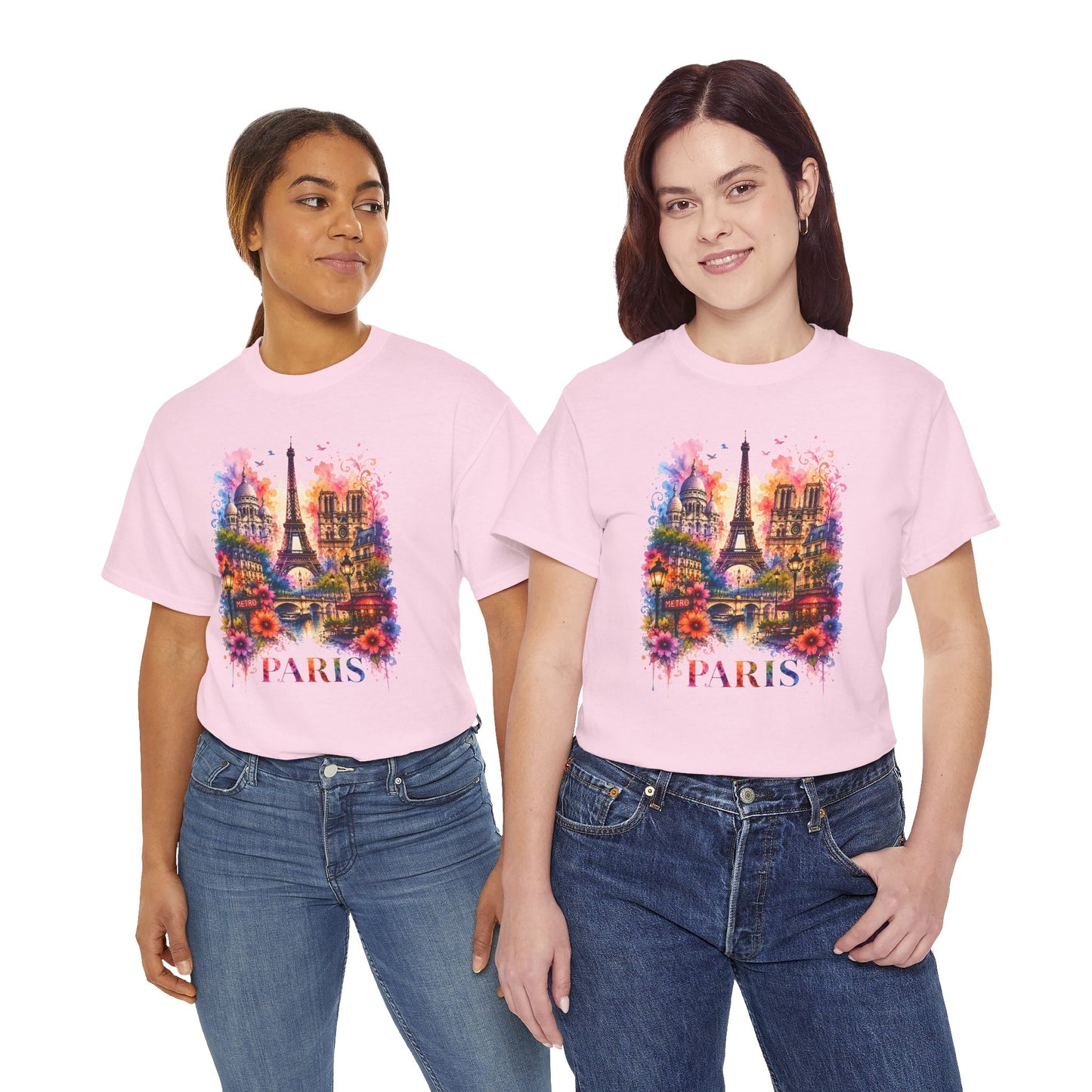 Light pink T-shirt with colorful floral Eiffel Tower and “PARIS” graphic