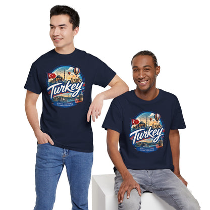 Navy crewneck T-shirt with large Turkey emblem print, worn by male models