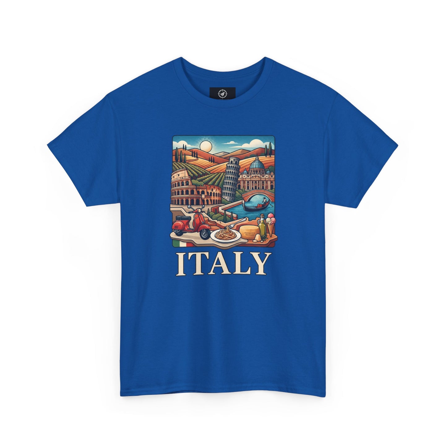 Royal blue graphic T-shirt with rectangular Italy scenic print and large “ITALY” text