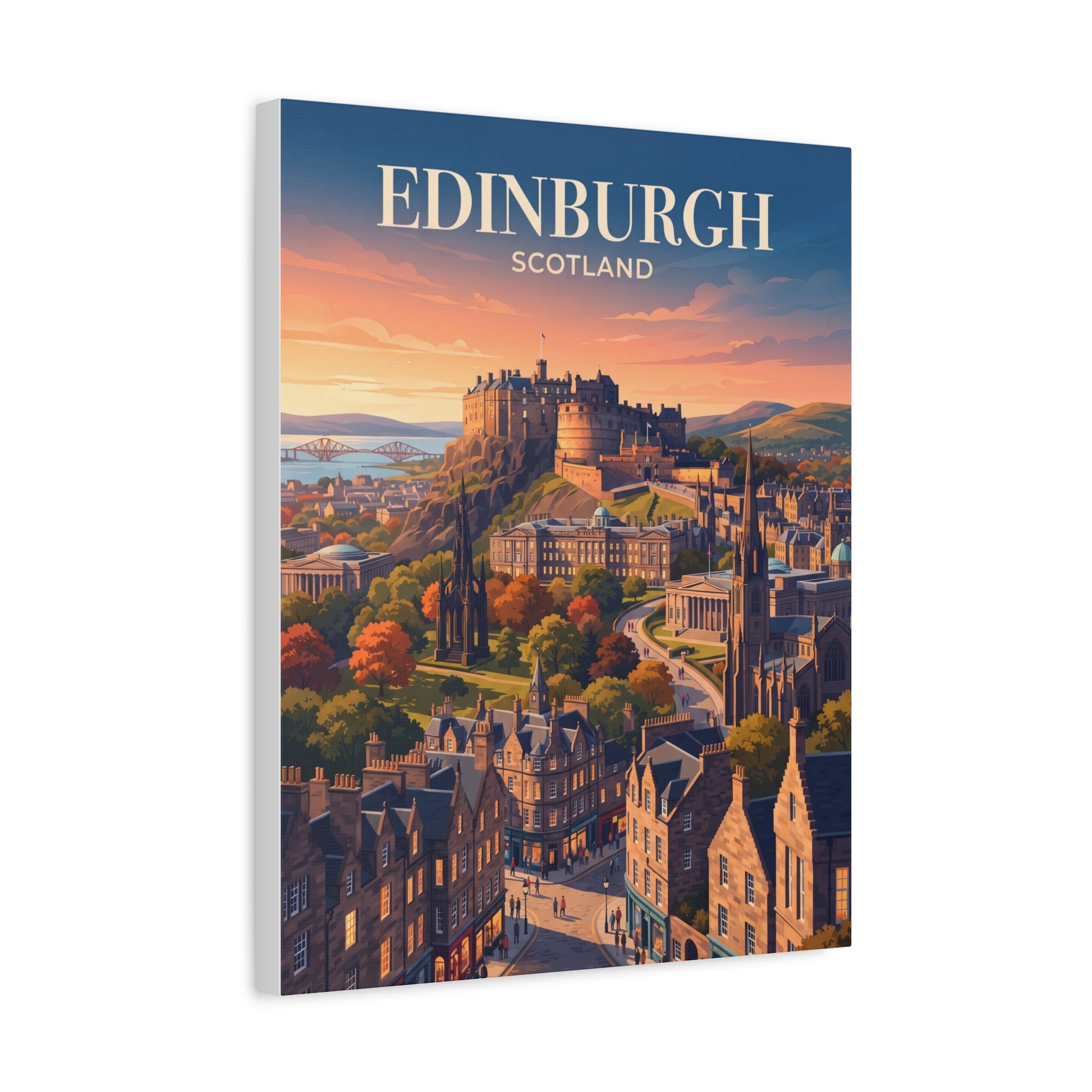 Matte canvas wall art of Edinburgh skyline with 'EDINBURGH' title and sunset sky