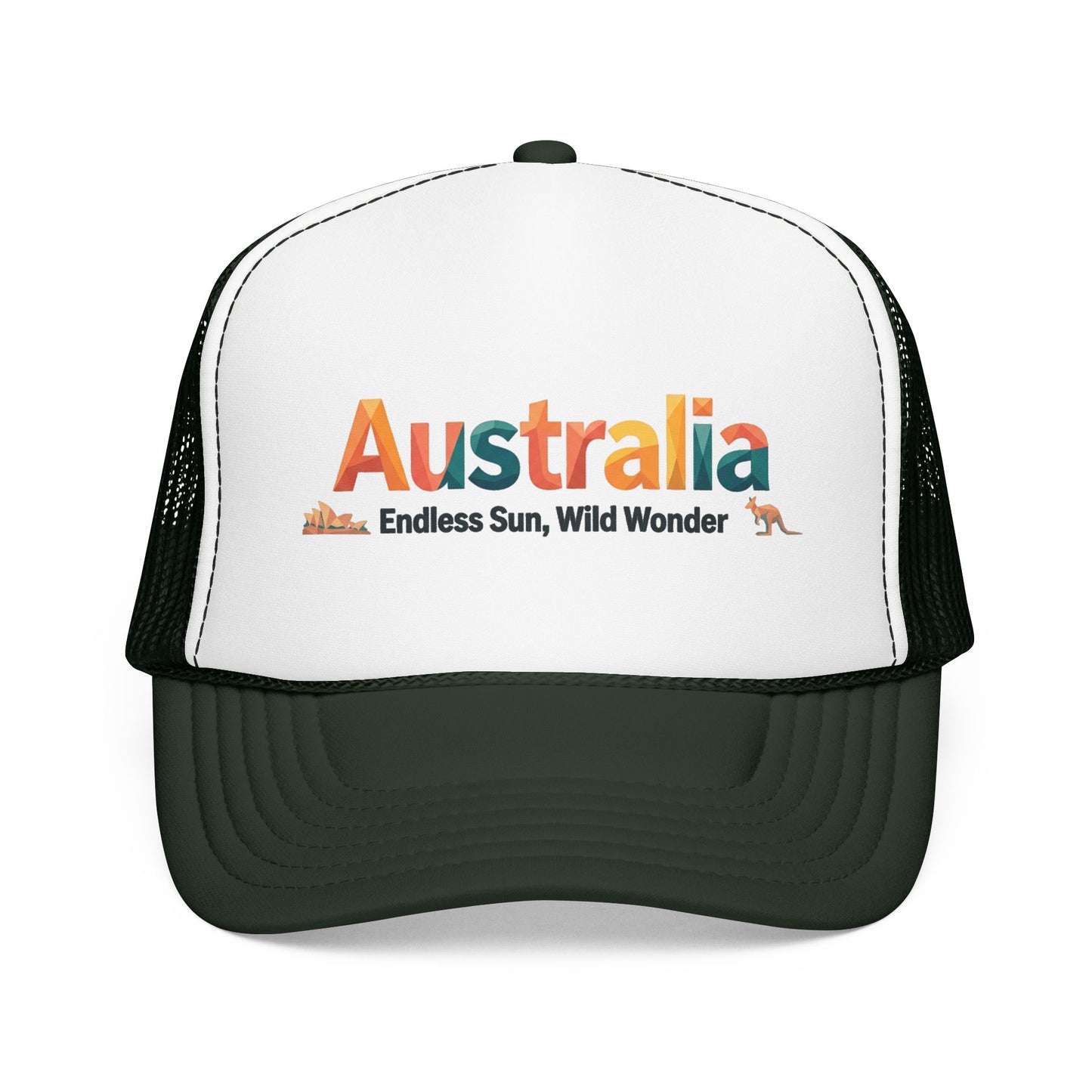White and dark green mesh trucker cap with 'Australia' front logo