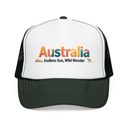 White and dark green mesh trucker cap with 'Australia' front logo