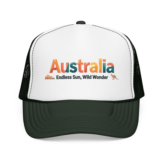 White and dark green mesh trucker cap with 'Australia' front logo