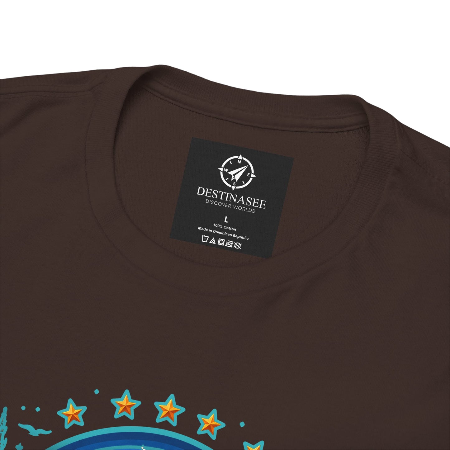 Dark brown travel T-shirt neckline with neck label and partial colorful front graphic
