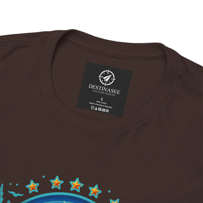 Dark brown travel T-shirt neckline with neck label and partial colorful front graphic