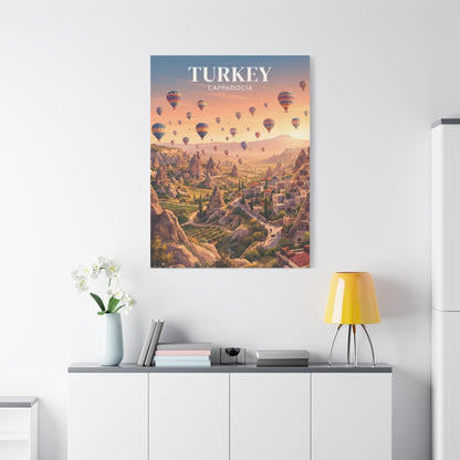 Matte canvas wall art of hot air balloons over Cappadocia valley, 'TURKEY' text.