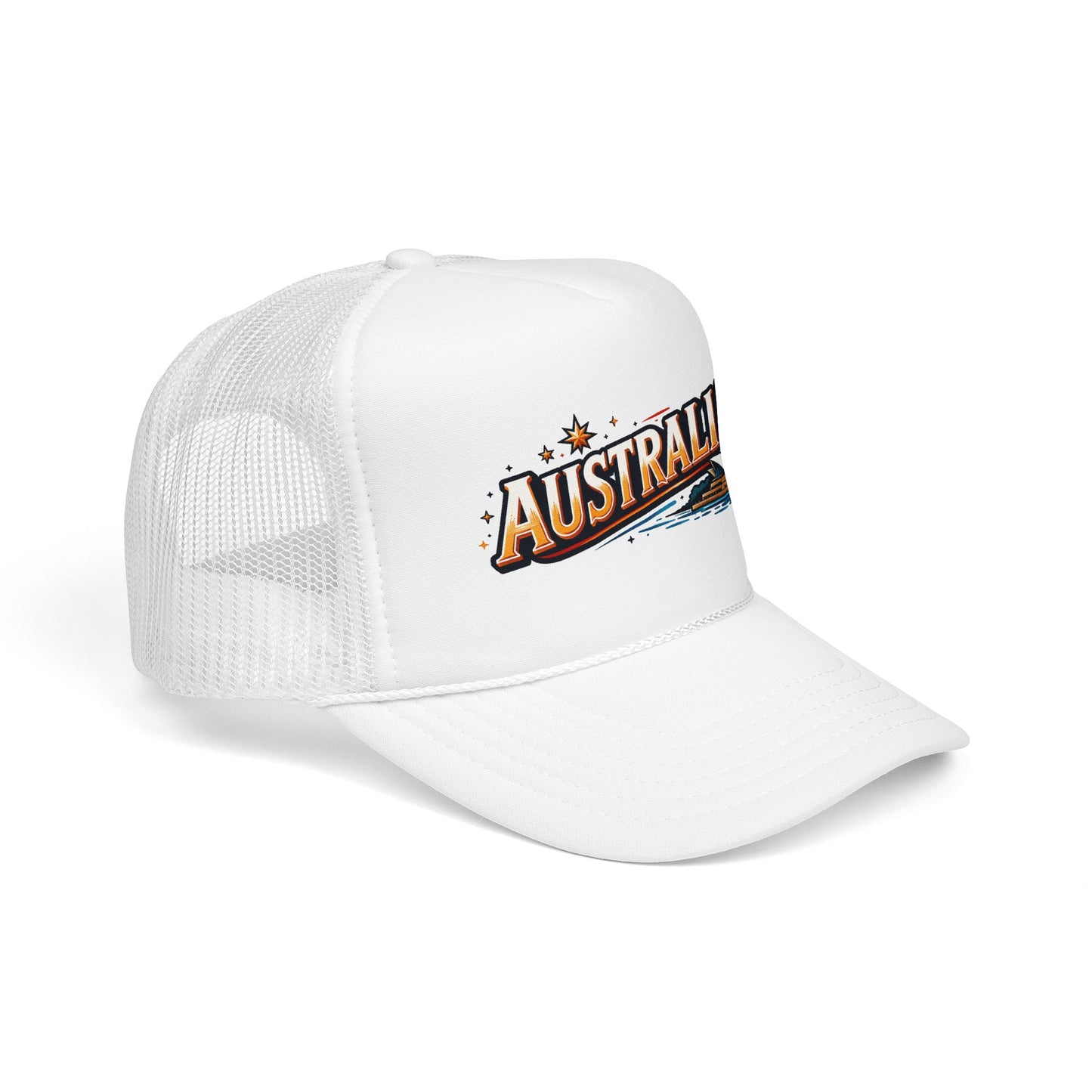 Trucker cap in white mesh and white front panel with Australia patch logo