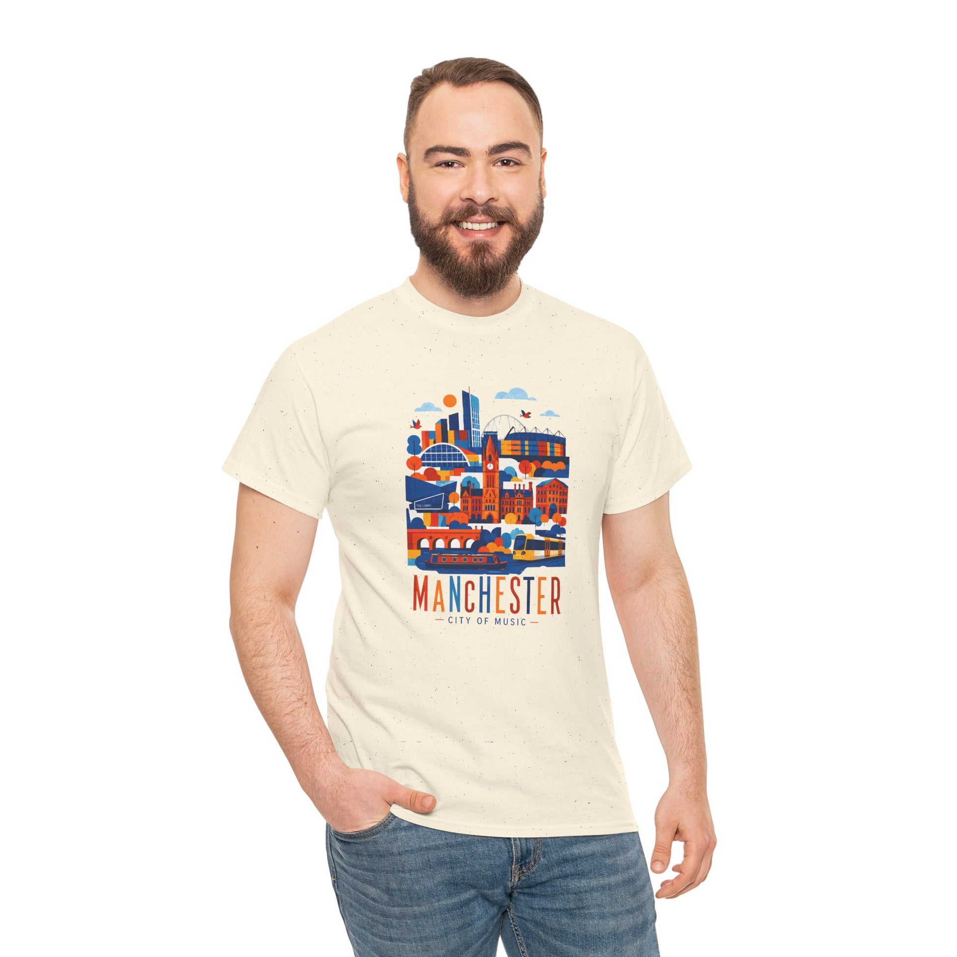 Light beige crew-neck t-shirt with colorful Manchester skyline graphic on the chest