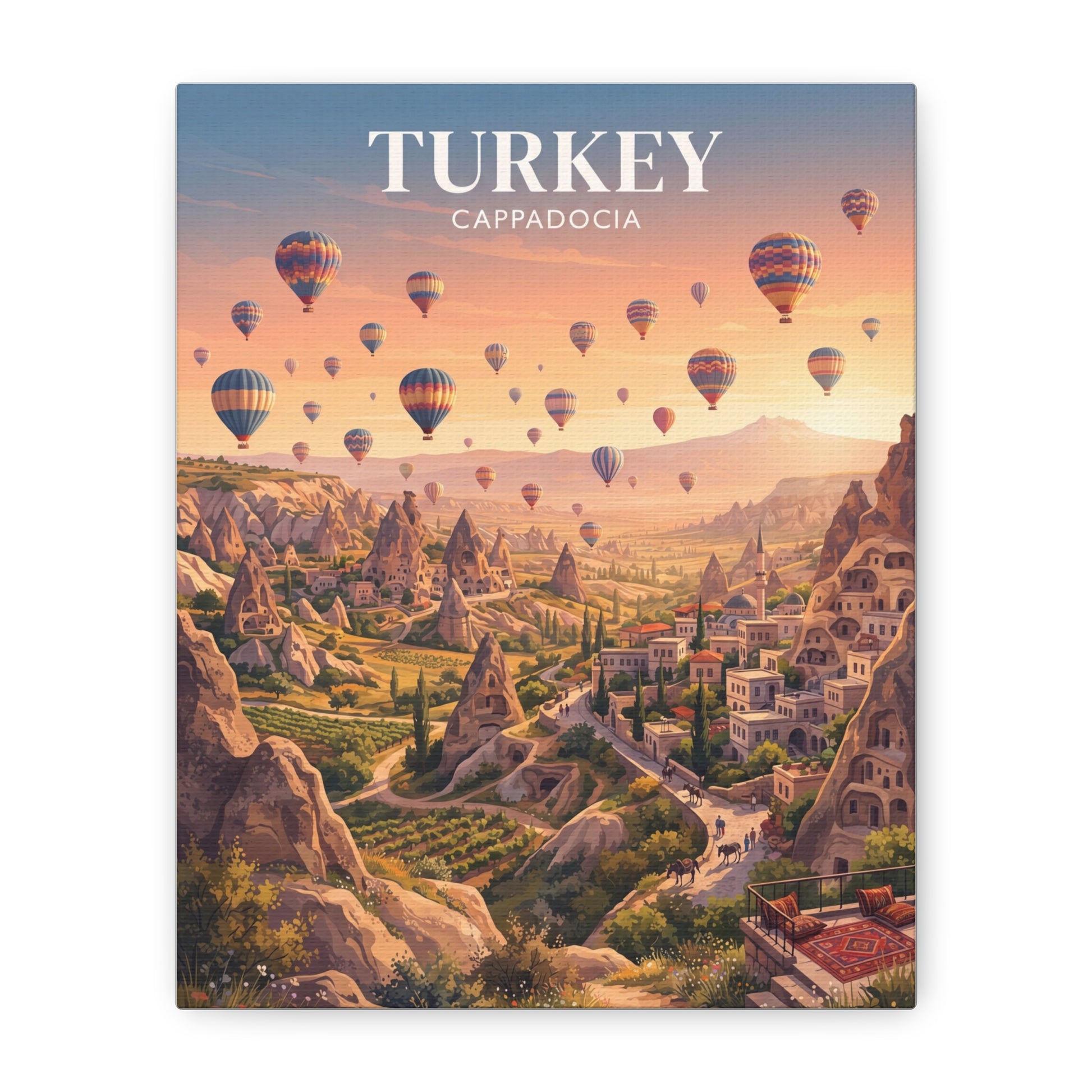Matte canvas wall art showing hot air balloons above Cappadocia town, 'TURKEY' title.
