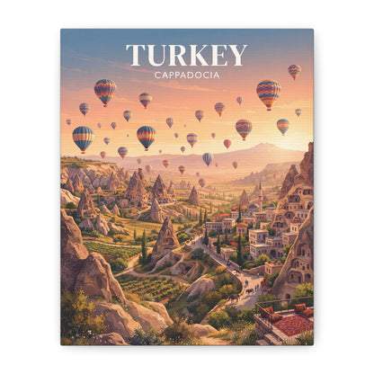 Matte canvas wall art showing hot air balloons above Cappadocia town, 'TURKEY' title.