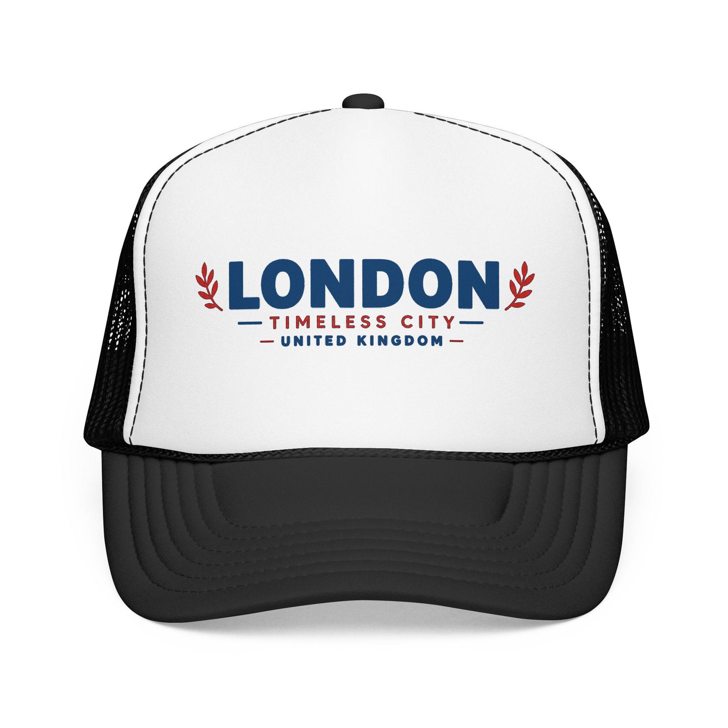 Two-tone foam trucker hat with London logo, white crown and black mesh sides, curved bill.