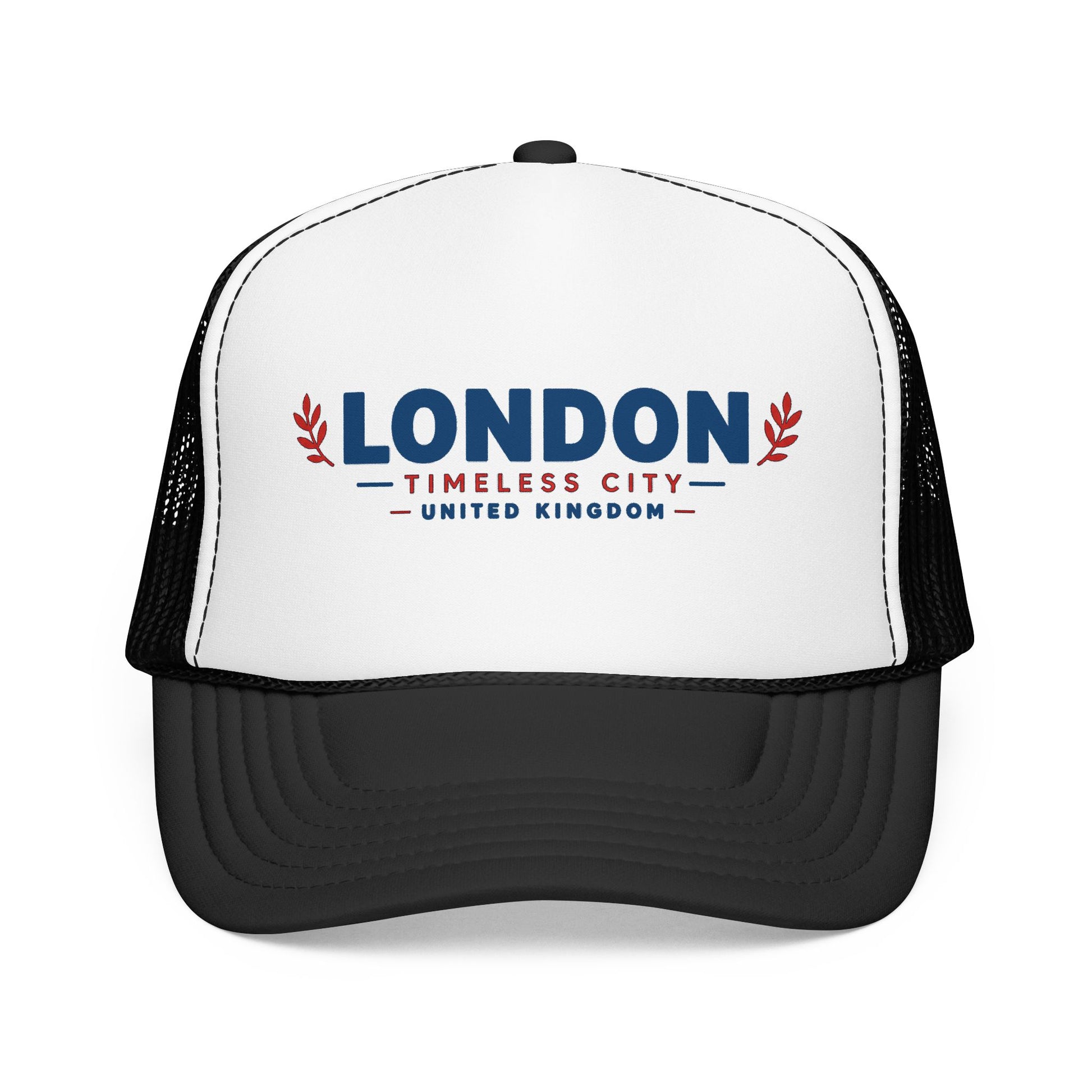 Two-tone foam trucker hat with London logo, white crown and black mesh sides, curved bill.