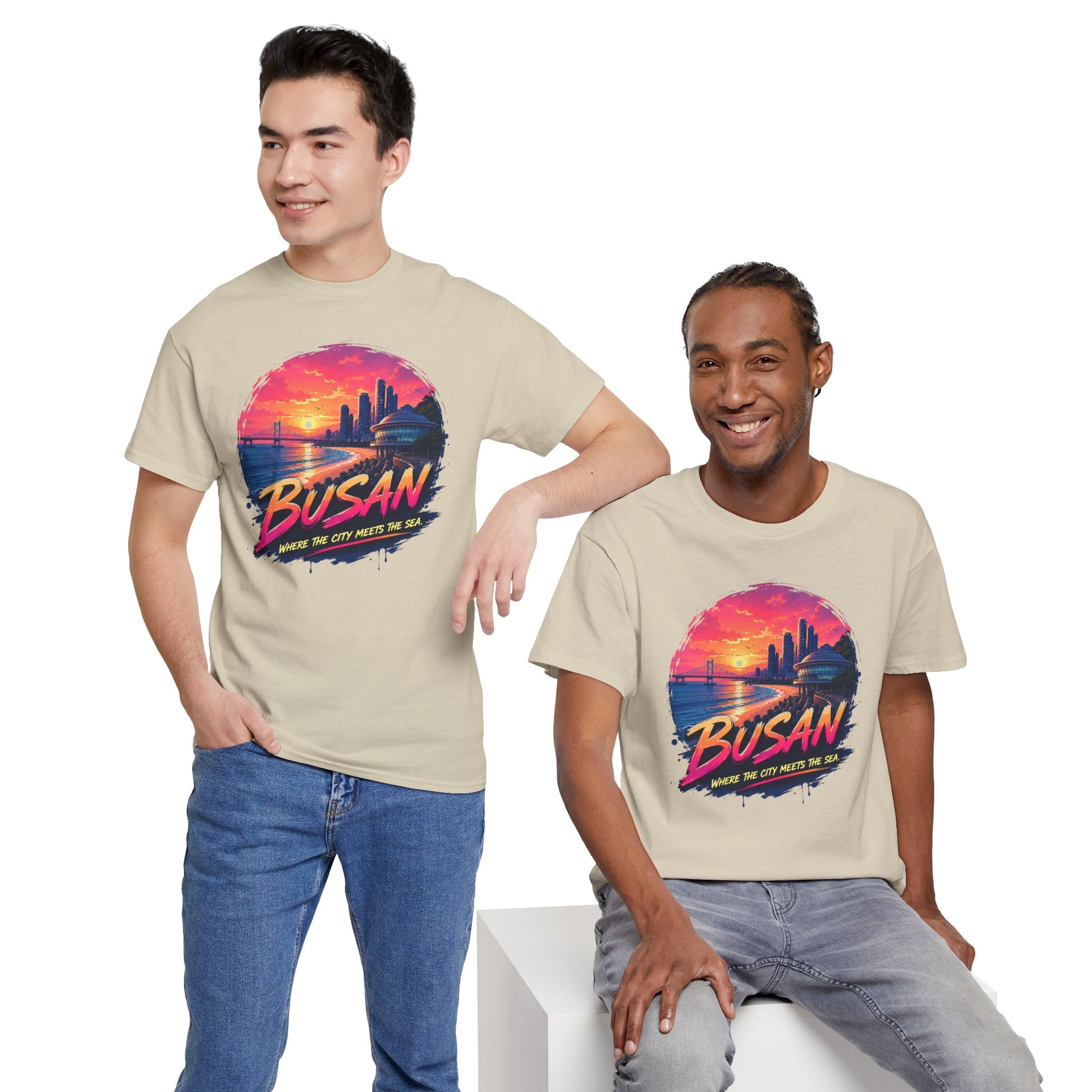 Beige crewneck t-shirt with Busan sunset graphic on front, short sleeves