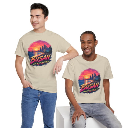 Beige crewneck t-shirt with Busan sunset graphic on front, short sleeves