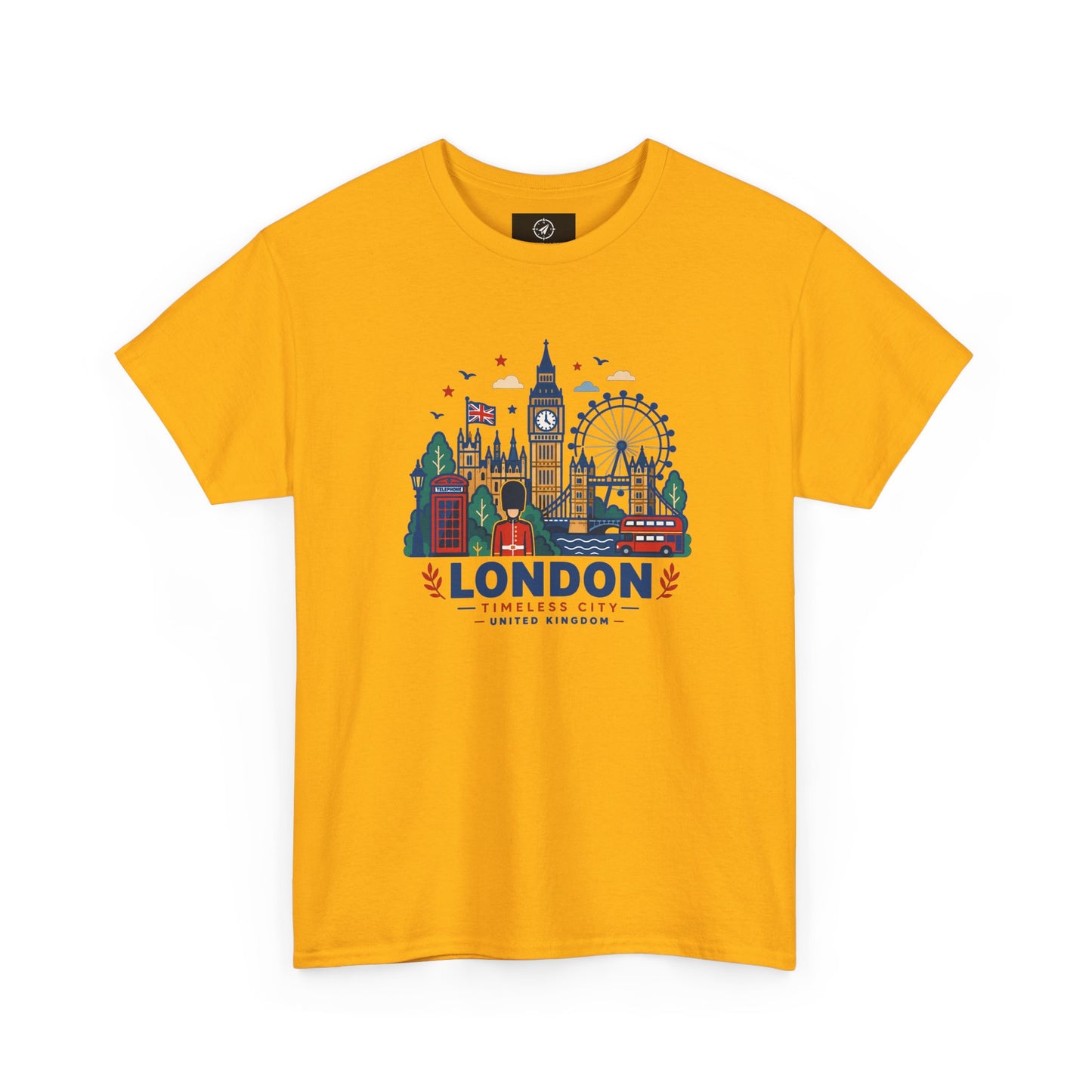 Mustard yellow London skyline t-shirt with colorful city graphic and “LONDON” text