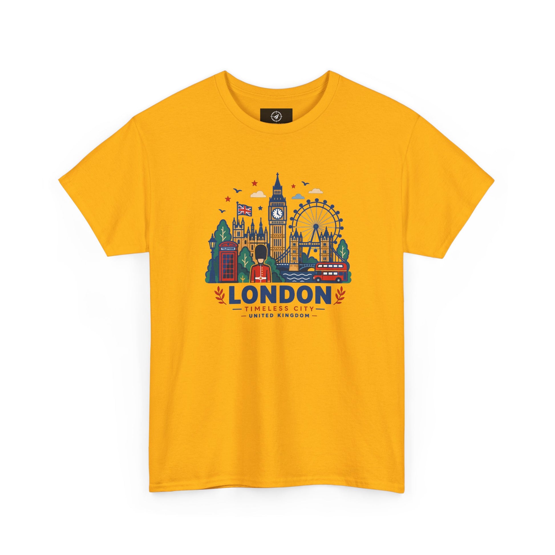 Mustard yellow London skyline t-shirt with colorful city graphic and “LONDON” text