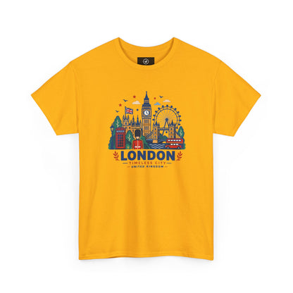Mustard yellow London skyline t-shirt with colorful city graphic and “LONDON” text