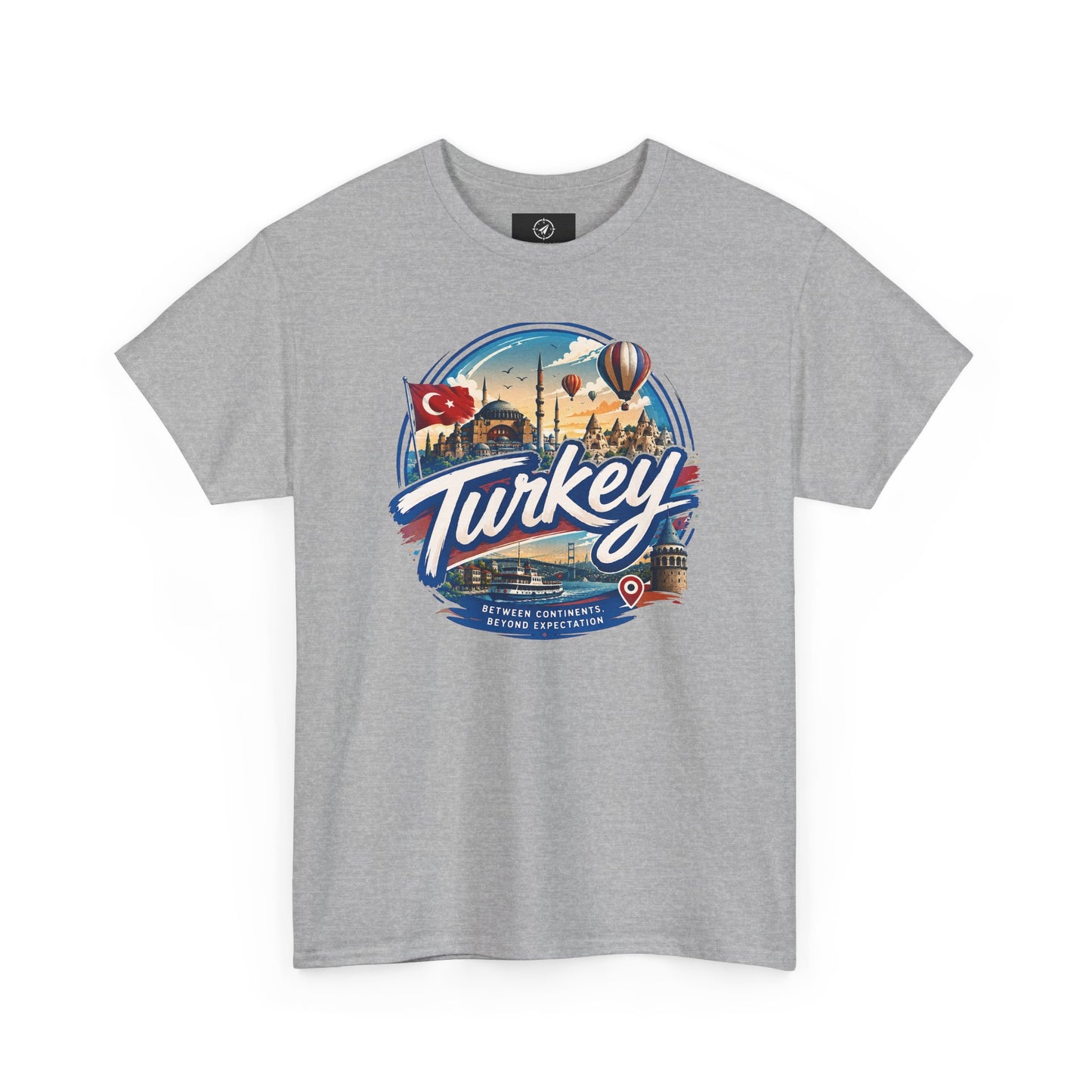 Heather gray cotton T-shirt with Turkey travel graphic on front