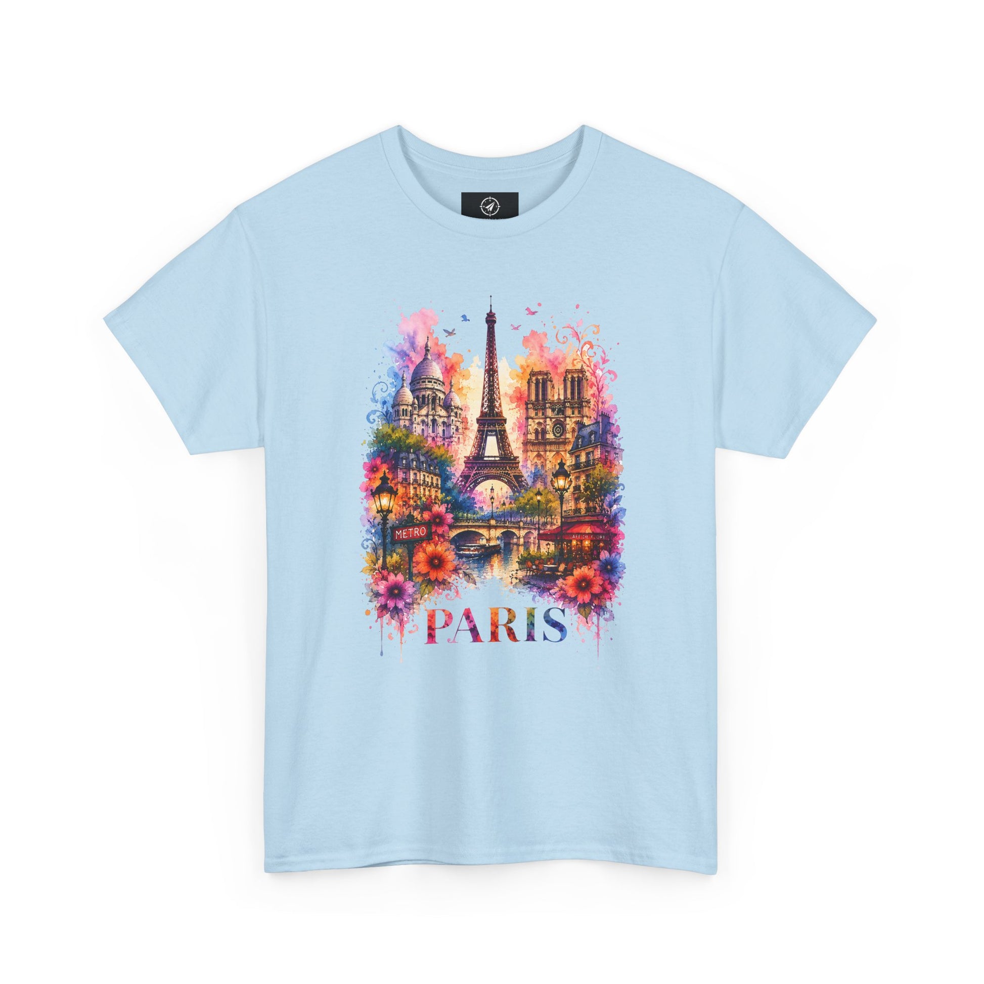 Unisex light blue T-shirt with colorful floral Eiffel Tower graphic and “PARIS”